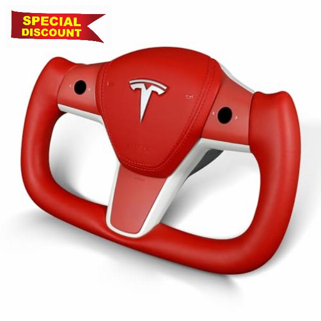 ZIMABLUE Tesla Yoke Steering Wheel Upgrade Personalized Yoke Steering Wheel Nappa Leather with Heating Function Compatible with Model 3 Y 2018-2023 (Red Nappa)
