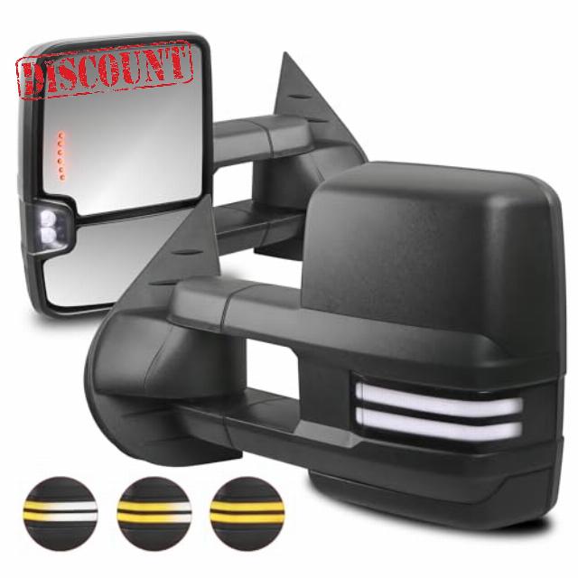 AUTOSTARSHIP Towing Mirrors Power Heated Compatible for 2008-2013 Chevy GMC Serria Yukon Silverado Tahoe Suburban w/Sequential Turn Signal Reverse Light White Running Light Side Mirrors 2 PCS - Black