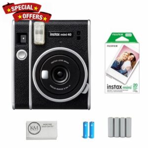 FUJIFILM INSTAX Mini 40 Instant Film Camera Bundle with Fujifilm Instax Twin Pack Film | 20 Exposures + AA Batteries | 4 Pack + Cleaning Cloth (4 Items)