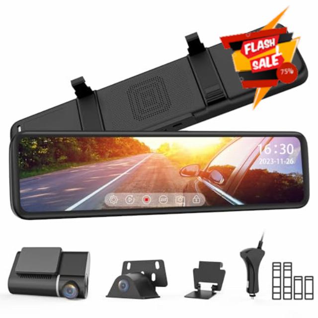 AUTO-VOX Mirror Backup Camera 11.88" 2K Full Touch Screen Front and Rear View Dual Backup Camera with Night Vision