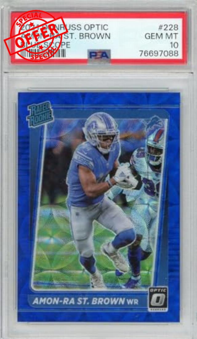 Graded 2021 Donruss Optic Amon-Ra St. Brown #228 Blue Hyper Rookie RC Football Card PSA 10 Gem