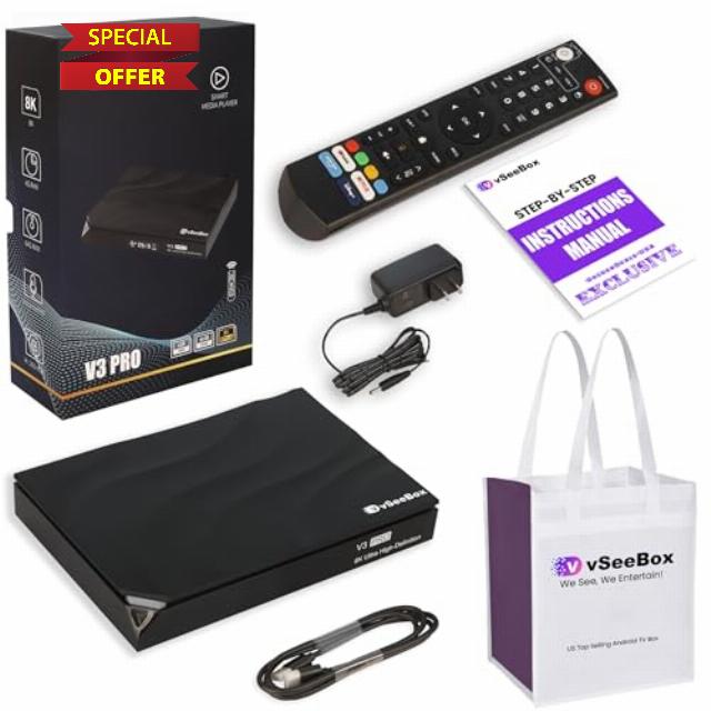 2024 Newest vSeeBox V3 Pro 8K with Voice Control Remote - Includes Reusable Tote Bag and Easy Setup Guide by Seller - Android 11
