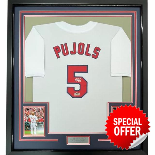 Framed Facsimile Autographed Albert Pujols 33x42 St. Louis White Reprint Laser Auto Baseball Jersey