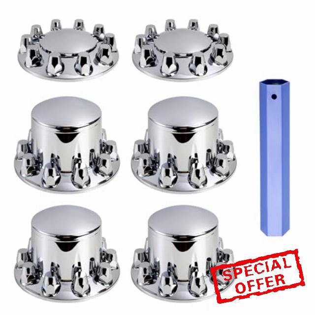 Axle Wheel Covers for Semi Truck - 2 Front and 4 Rear Hub Covers with 33mm Thread-On Chrome Lug Nut Covers for Semi Truck (Installation Tool Included)
