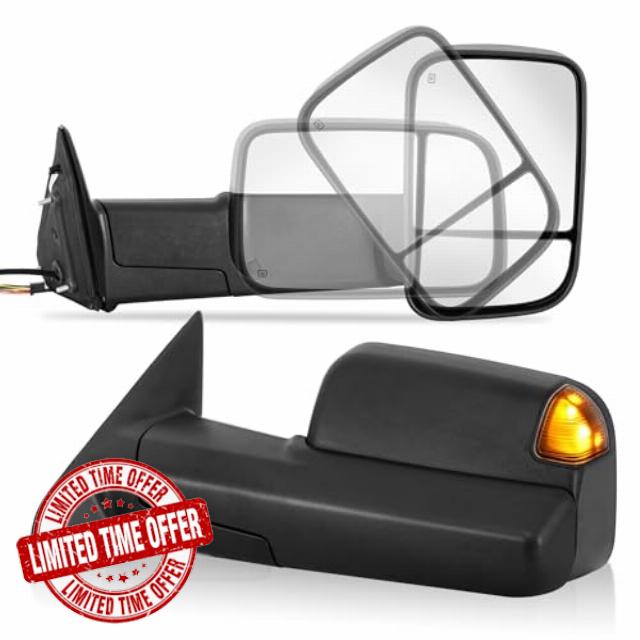 AUTOSTARSHIP Pair Power Heated Towing Mirrors Compatible with 2002-2008 Dodge Ram 1500/2003-2009 Ram 2500 3500 w/Turn Signal Side Tow Mirror Manual Flip Fold (Black)