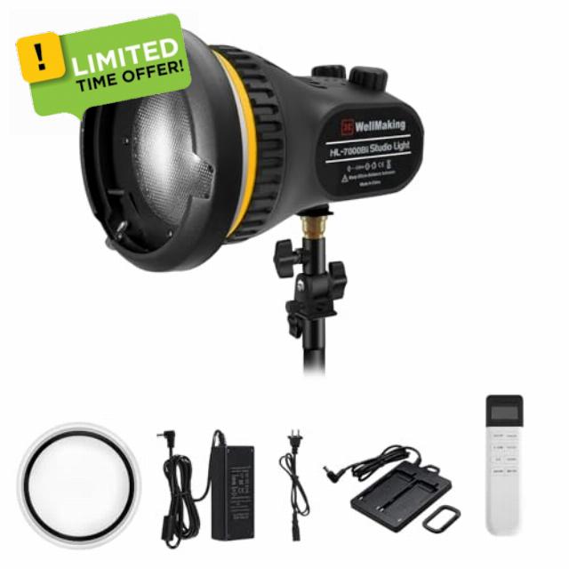 Wellmaking HL-700Bi 70W LED Video Light Fresnel COB Bi Color 2800K-6500K CCT Mode/CRI97+/6 Scenes/AC/DC Power Supply Bowens Mount Portable Continuous Output Lighting