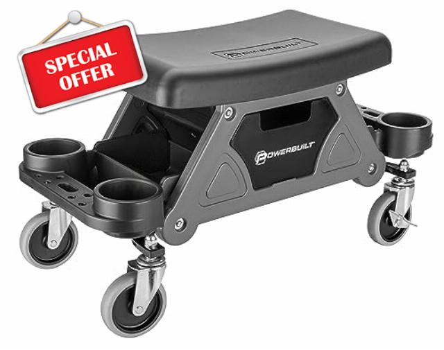 Powerbuilt Heavy-Duty Utility Rolling Seat Upgraded with Padding