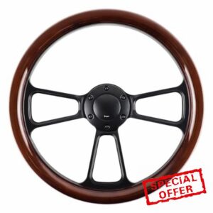 QYMOPAY Universal 14 Inch Wooden Racing Steering Wheel 6 Bolt Black Aluminum 3 Spoke Vintage Wood Grain Steering Wheel with Horn Button for Racing/Rally/Motorsports Racing Steering Wheel