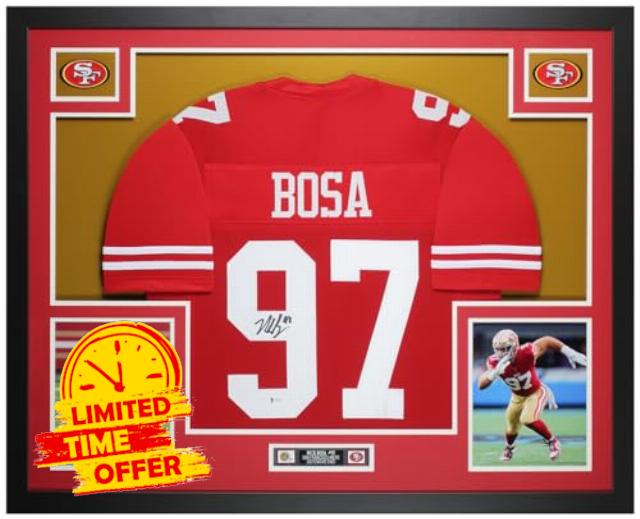 Nick Bosa Autographed Red San Francisco Jersey - Beautifully Matted and Framed - Hand Signed By Bosa and Certified Authentic by Beckett - Includes Certificate of Authenticity