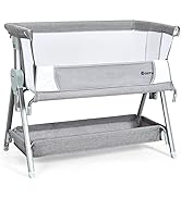 COSTWAY Baby Bedside Crib, Easy Folding Cot Bed with Mattress, All-Side Mesh, Storage Shelf and T...