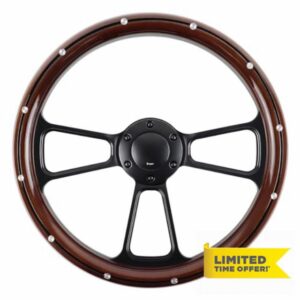 QYMOPAY Universal Wooden Racing Steering Wheel 14 Inch 6 Bolt Black Aluminum 3 Spoke Rivet Steering Wheel with Horn Button for Racing/Rally/Motor sports