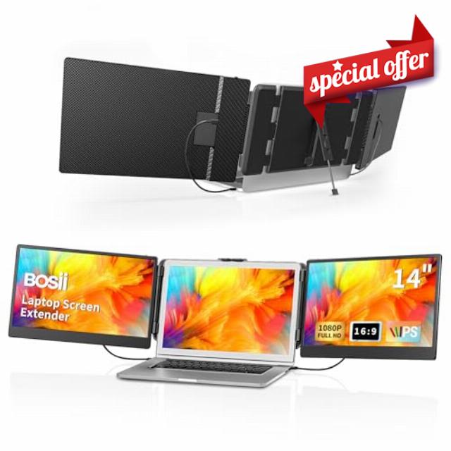 BOSII Laptop Screen Extender Portable - 14 Inch Triple IPS FHD 1080P HDMI/USB-A/Type-C Extended Monitor for Laptops (Maximum Length: 15.74") Compatible with Windows Mac Travel Gaming Work