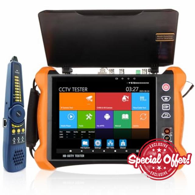 Rsrteng CCTV Tester 8K 32MP 12MP IP Camera Tester with POE++ Max 90W Power Output POE Camera Tester 4K 8MP TVI/CVI/AHD/SDI/CVBS All Features Cable Tester DMM OPM VFL TDR Network Tools HDMI I/O WiFi