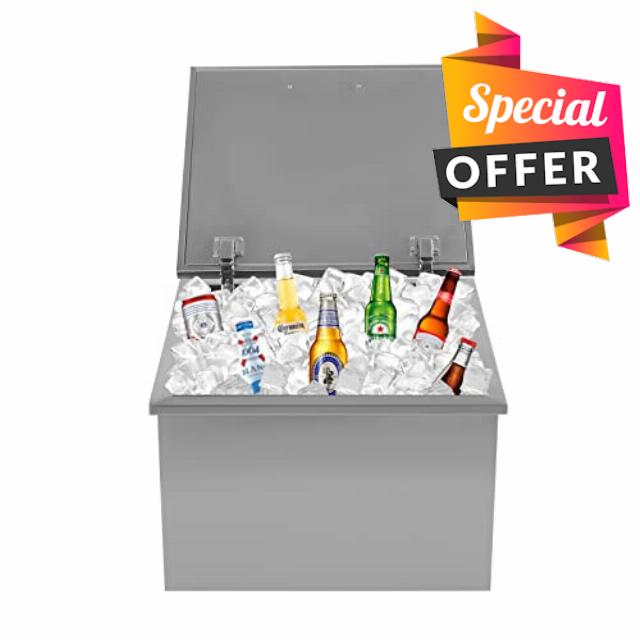 Drop in Ice Chest 28''L x 18''W x 17''H Drop in Cooler Stainless Steel with Hinged Cover 100L/105Qt Capacity Bar Ice Bin for Cold Wine Beer with Drain-Pipe & Drain Plug
