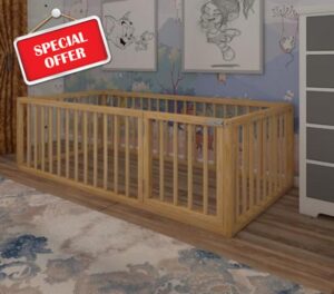 Montessori Floor Bed With Door On The Right Side For Toddler | Pine Wood Natural Solid Frame Bed | Sturdy Modern Design Floor Bed Frame for Boy and Girls (Crib
