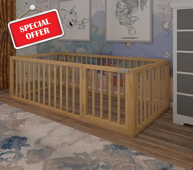 Montessori Floor Bed With Door On The Right Side For Toddler | Pine Wood Natural Solid Frame Bed | Sturdy Modern Design Floor Bed Frame for Boy and Girls (Crib