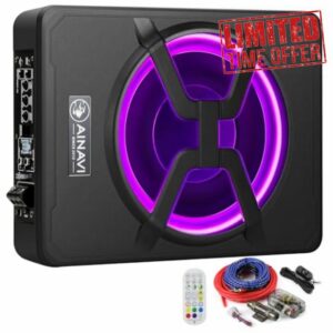 AINAVI 10 Inch Under Seat Car Subwoofer Bass Active Stereo with Multi Colors Ambient Lighting