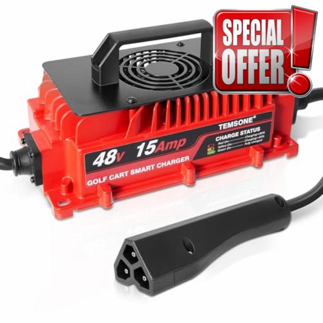 48 Volts 15 AMP Golf Cart Battery Charger Triangle 3-Pin Style Plug Club Cart Charger with Temp Sensor