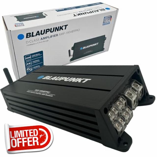 BLAUPUNKT 1804BT PRO Car Audio 4/3/2-Channel Full Range 2 Ohm Stable Amp Amplifier 1600 Watts Max | Slim and Compact with Bluetooth