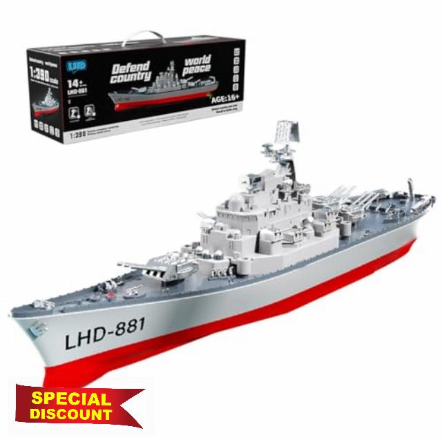 WESS RC Boat with LED Light - LHD-881 1/390 Remote Control Electric High-Frequency Twin-Engine Battleship for Pools and Lakes