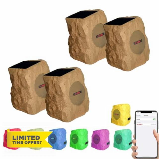 5 CORE Rock Garden Wireless Outdoor Speakers 4 Pack IPx6 Waterproof Weatherproof TWS Bluetooth 5.3 Speaker w Solar & USB Charging 7 LED Lights 6 Hr Playtime for Landscape Patios Decks Poolside Brown