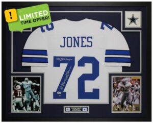 Ed Too Tall Jones Autographed White Dallas Jersey - Beautifully Matted and Framed - Hand Signed By Jones and Certified Authentic by Beckett - Includes Certificate of Authenticity