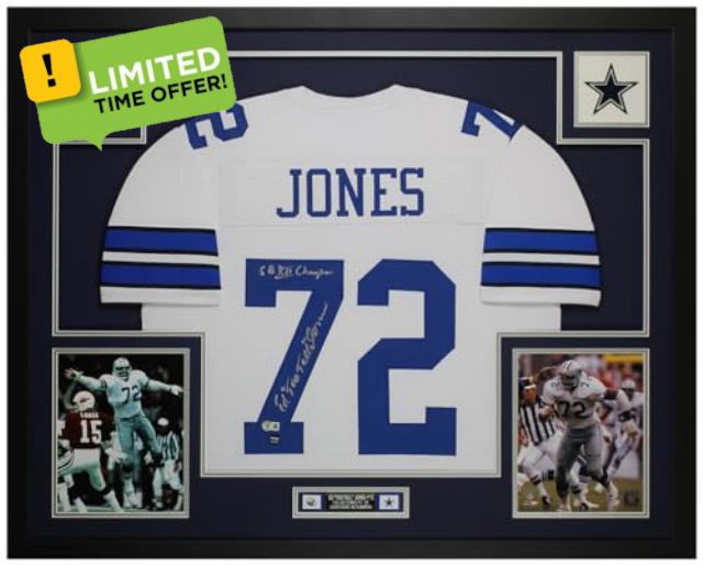Ed Too Tall Jones Autographed White Dallas Jersey - Beautifully Matted and Framed - Hand Signed By Jones and Certified Authentic by Beckett - Includes Certificate of Authenticity