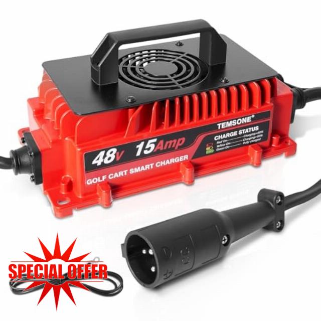 48 Volts 15 AMP Golf Cart Battery Charger Round 3-Pin Style Plug Charger w/Temp Sensor & OBC Bypass Wire