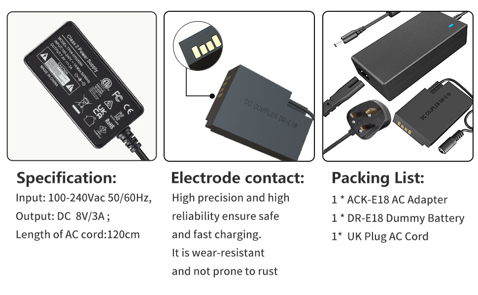 ACK-E18 AC Power Adapter DR-E18 DC Coupler Dummy Battery Power Supply Kit with Fully-decoded