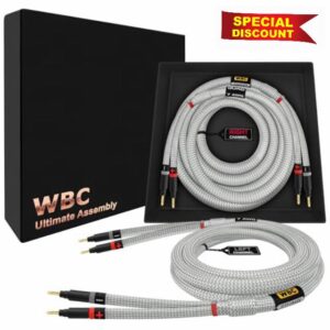 WORLDS BEST CABLES 6 Foot Ultimate - 7 AWG - Ultra-Pure OFC – Extra Premium Audiophile HiFi Speaker Cable Pair with Eminence Gold Banana Plugs & Silver Tweed Jacket