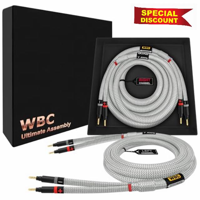 WORLDS BEST CABLES 6 Foot Ultimate - 7 AWG - Ultra-Pure OFC – Extra Premium Audiophile HiFi Speaker Cable Pair with Eminence Gold Banana Plugs & Silver Tweed Jacket