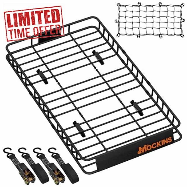 Mockins 50" x 36" x 4.5" Extendable 250 lb. Capacity Roof Rack Cargo Carrier |Waterproof Car Roof Cargo Carrier |Heavy Duty Cargo Rooftop Carrier | Universal Roof Rack Basket Vehicle Cargo Carriers
