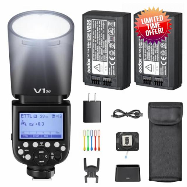 Godox V1N Camera Flash Speedlight for Nikon with 2 Packs VB26 Batteries