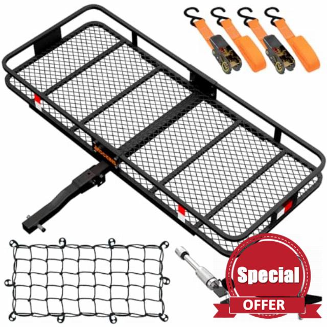 Mockins 60"x24"x6" Trailer Hitch Cargo Carrier Rack 500 Lbs Cap | Folding Cargo Carrier Hitch Mount with Net