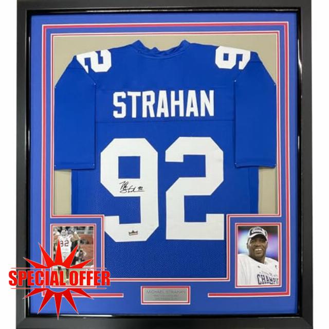 Framed Facsimile Autographed Michael Strahan New 33x42 York Blue Reprint Laser Auto Football Jersey