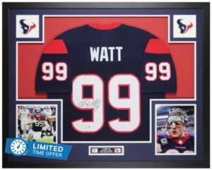 JJ Watt Autographed Blue Houston Jersey - Beautifully Matted and Framed - Hand Signed By Watt and Certified Authentic by Beckett - Includes Certificate of Authenticity