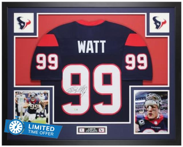 JJ Watt Autographed Blue Houston Jersey - Beautifully Matted and Framed - Hand Signed By Watt and Certified Authentic by Beckett - Includes Certificate of Authenticity