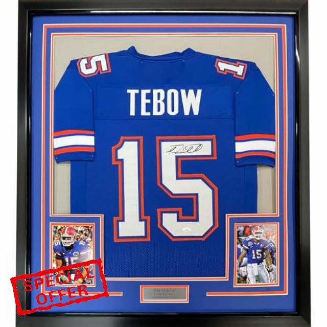 Framed Autographed/Signed Tim Tebow 33x42 Florida Blue College Football Jersey Beckett BAS COA