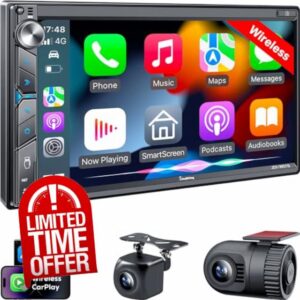 SJoyBring Upgrade Wireless Double Din Car Stereo with Apple Carplay