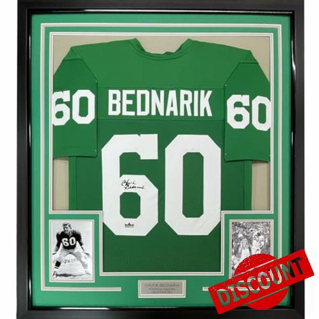 Framed Facsimile Autographed Chuck Bednarik 33x42 Philadelphia Kelly Green Reprint Laser Auto Football Jersey