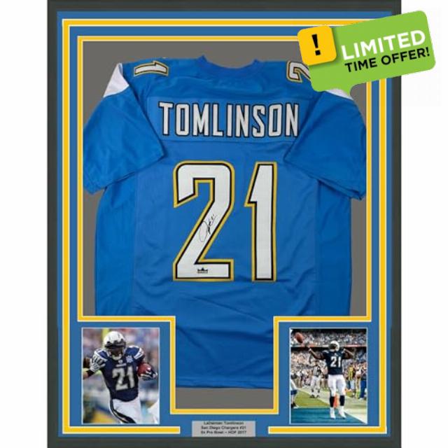 Framed Facsimile Autographed LaDainian Tomlinson 33x42 Los Angeles LA Powder Blue Reprint Laser Auto Football Jersey