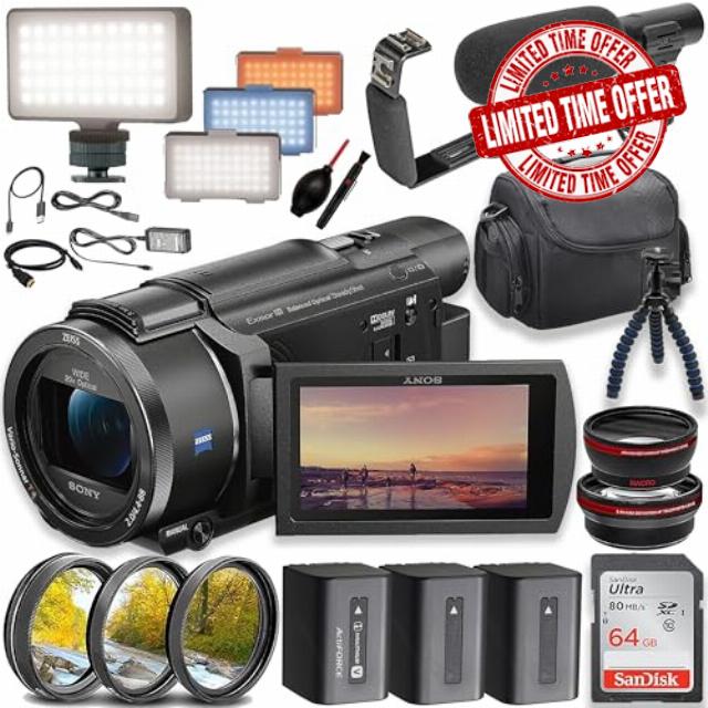 Sony FDR-AX53 4K Ultra HD Handycam Camcorder w/ 64GB Memory Card + Filter Kit + LED Video Light + Microphone & More