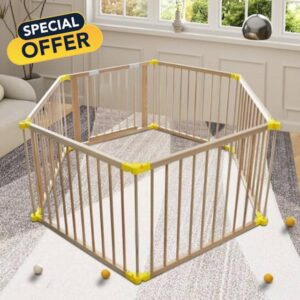 Large Natural Wooden Baby Playpen with Gate & Anti-Slip Bases - Portable Fence & Play Area for Babies and Toddlers
