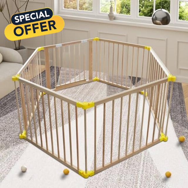 Large Natural Wooden Baby Playpen with Gate & Anti-Slip Bases - Portable Fence & Play Area for Babies and Toddlers
