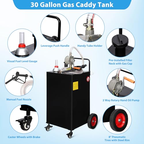 30 Gallon Portable Gas Storage Tank On 4 Wheels with Manual Transfer Pump
