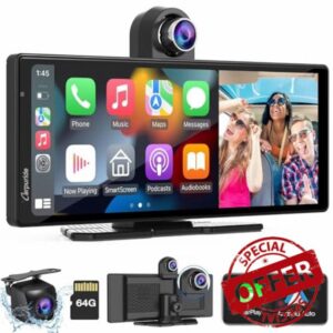 [2024 Newest] CARPURIDE W903 Portable Apple Carplay & Android Auto Smart Multimedia Dashboard Console with 2.5K Front & Backup Cam