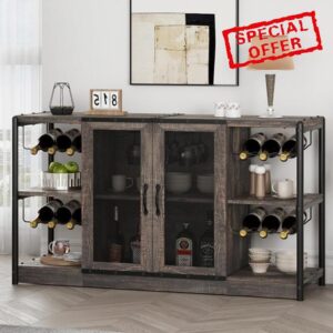 IDEALHOUSE 2024 New Wine Bar Cabinet – Industrial Liquor Cabinet with Storage and Wine Rack – Elegant and Practical Dark Oak Color Home Bar Furniture for Dining Room