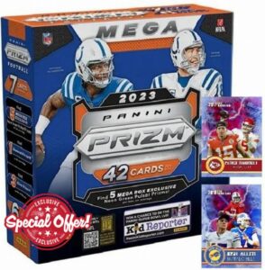NEW - 2023 Panini PRIZM Factory Sealed Football MEGA Box 42 Cards with 5 MEGA EXCLUSIVE PRIZMS and 1 JERSEY CARD! - Plus Bonus Custom Novelty Mahomes and Josh Allen Cards Pictured