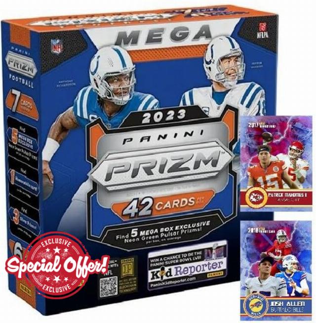 NEW - 2023 Panini PRIZM Factory Sealed Football MEGA Box 42 Cards with 5 MEGA EXCLUSIVE PRIZMS and 1 JERSEY CARD! - Plus Bonus Custom Novelty Mahomes and Josh Allen Cards Pictured