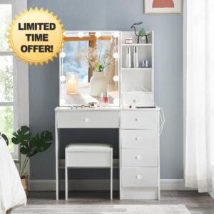Koestem Makeup Vanity Table with Lighted Mirror and Power Strip